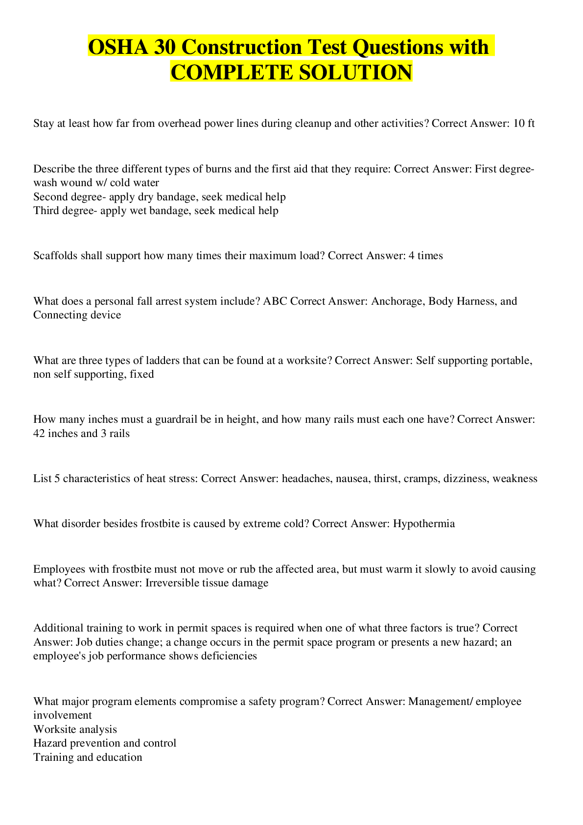 Preview image of OSHA 30 Construction Test Questions with COMPLETE SOLUTION document